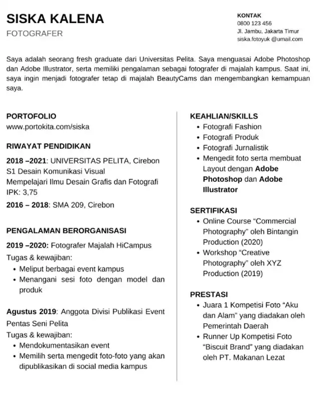 Contoh CV Mahasiswa tanpa pengalaman