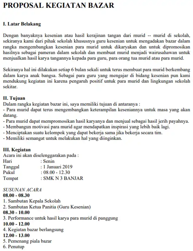 Contoh Proposal Kegiatan Bazar Sekolah