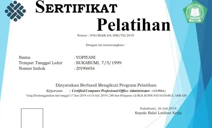 Contoh Sertifikat Pelatihan BLK