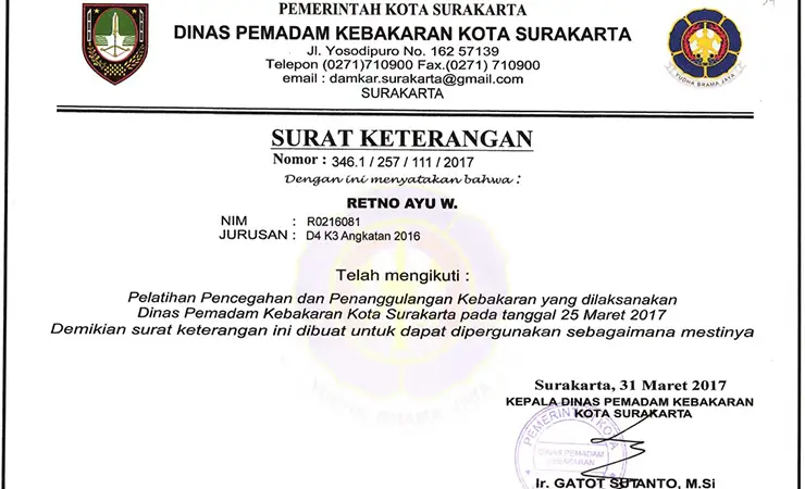 Contoh Sertifikat Pelatihan Pemadam Kebakaran