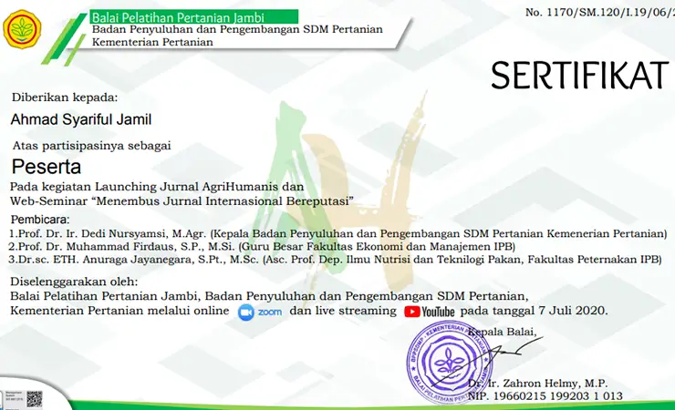 Contoh Sertifikat Pelatihan Pertanian