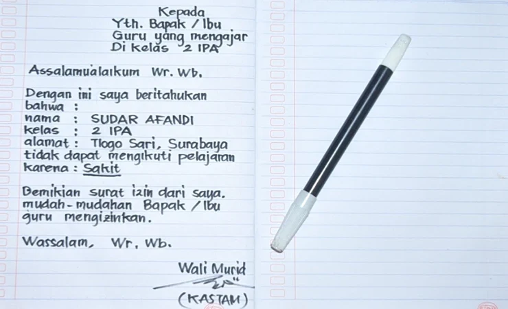 Contoh Surat Izin Tidak Masuk Sekolah