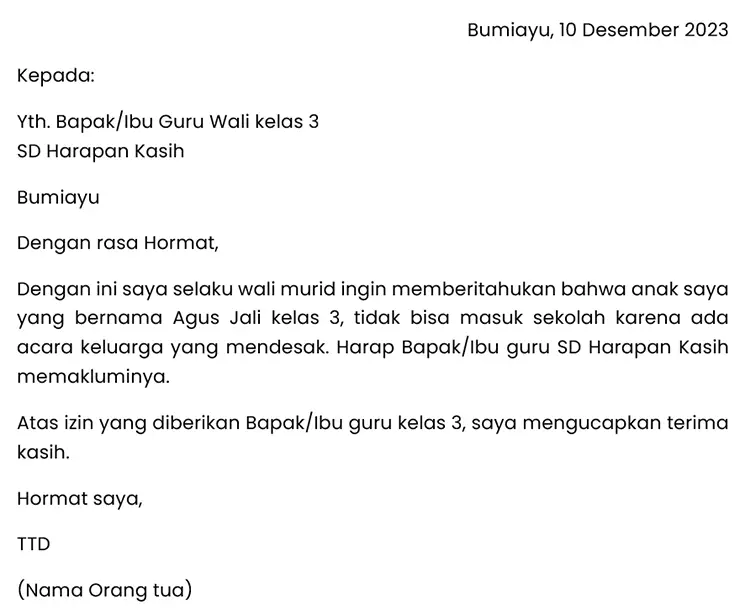 Surat Izin Sekolah Karena ada Acara Keluarga Mendesak