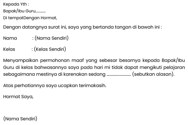 Surat izin tidak masuk sekolah buatan sendiri