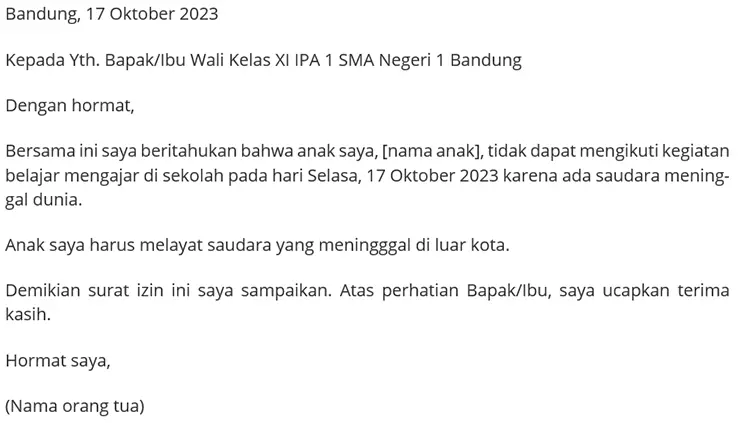 Surat izin tidak masuk sekolah karena keluarga ada yang meninggal