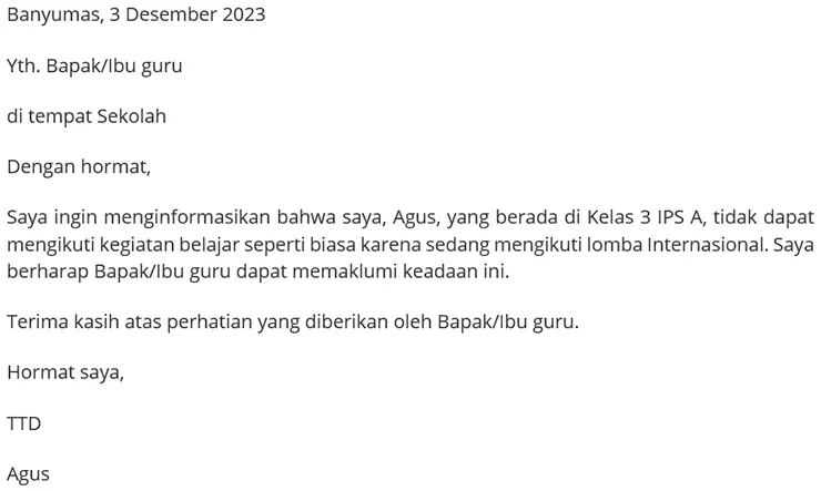 Surat izin tidak masuk sekolah mengikuti lomba