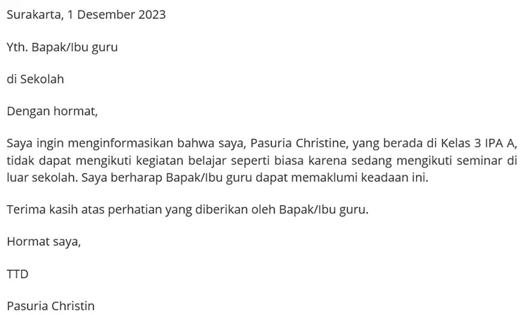 Surat izin tidak masuk sekolah mengikuti seminar