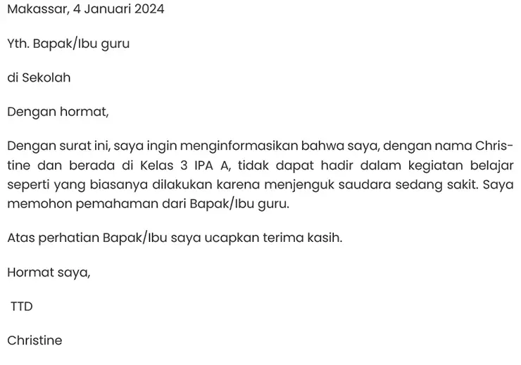 Surat izin tidak masuk sekolah menjenguk saudara