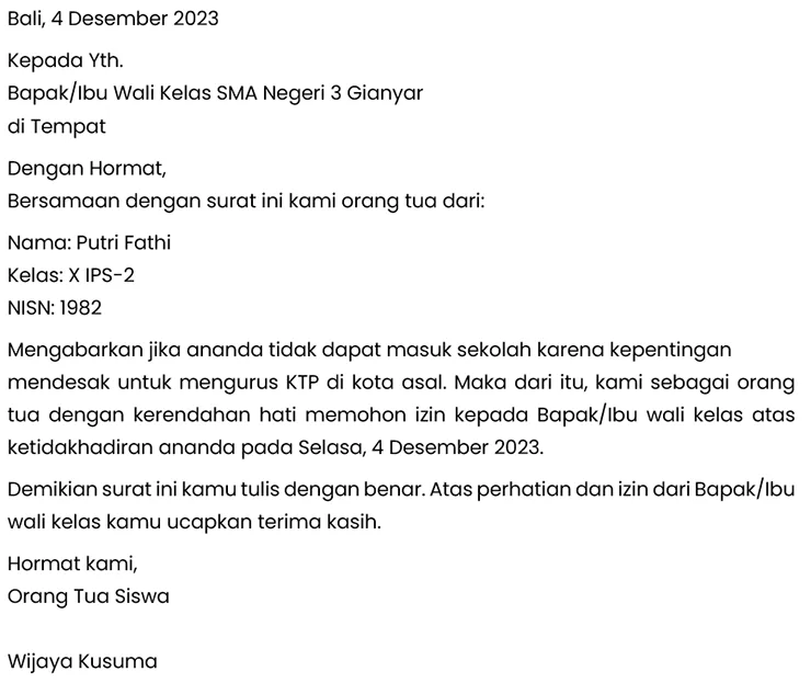 contoh surat izin tidak masuk sekolah sedang membuat KTP