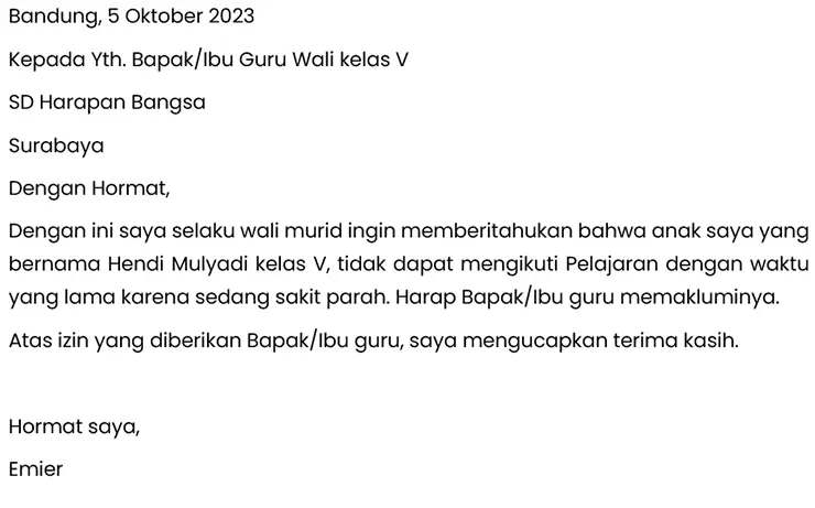 contoh surat izin tidak masuk sekolah waktu lama