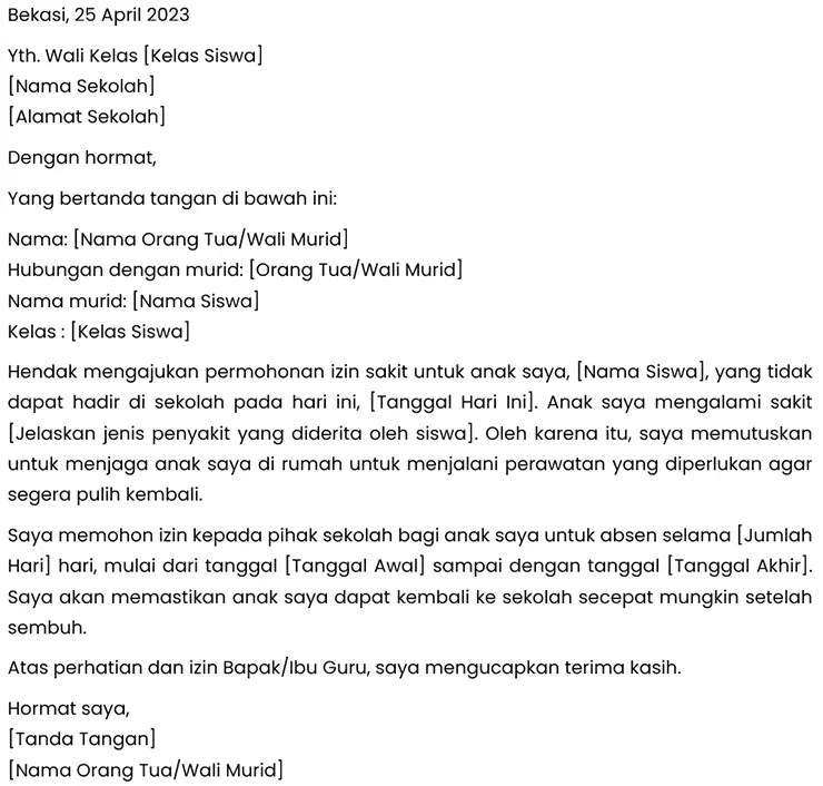 surat izin tidak masuk sekolah dari ibu dan bapak kost