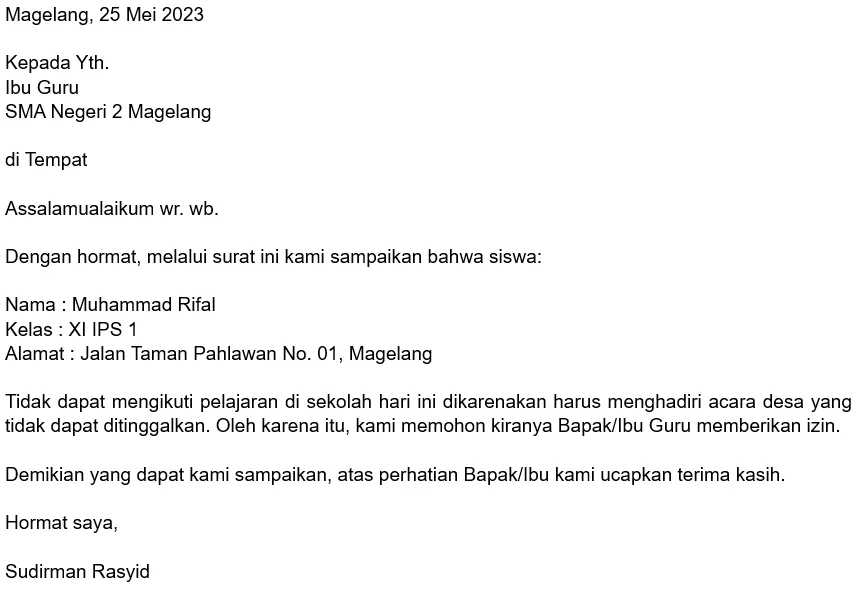 surat izin tidak masuk sekolah karena ada acara desa