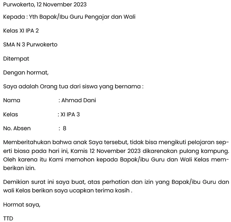 surat izin tidak masuk sekolah karena pulang kampung