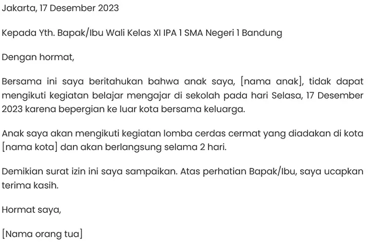 surat izin tidak masuk sekolah selama 2 hari