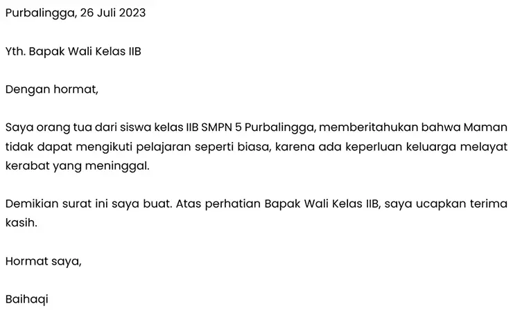 surat izin tidak masuk sekolah singkat