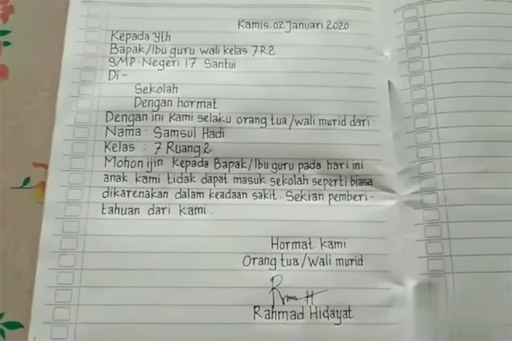 surat izin tidak masuk sekolah tulisan tangan