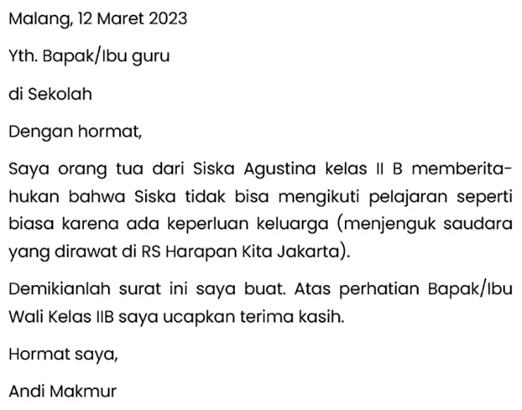 surat izin tidak masuk sekolah yang simpel